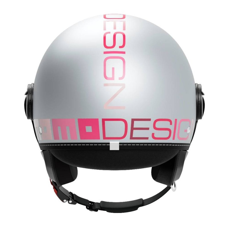 Casco jet Momo Design FGTR EVO Gradial grigio ghiaccio opaco, vista posteriore con scritta MOMODESIGN rosa che sfuma verso il grigio
