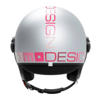 Casco jet Momo Design FGTR EVO Gradial grigio ghiaccio opaco, vista posteriore con scritta MOMODESIGN rosa che sfuma verso il grigio