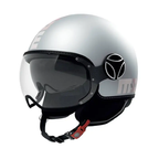 Casco jet Momo Design FGTR EVO Gradial grigio ghiaccio opaco con scritta MOMODESIGN rosa sfumata, vista tre quarti anteriore con visierino solare fumé