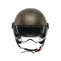 Casco jet Momo Design FGTR EVO HIP bronzo opaco, vista frontale con visierino solare abbassato