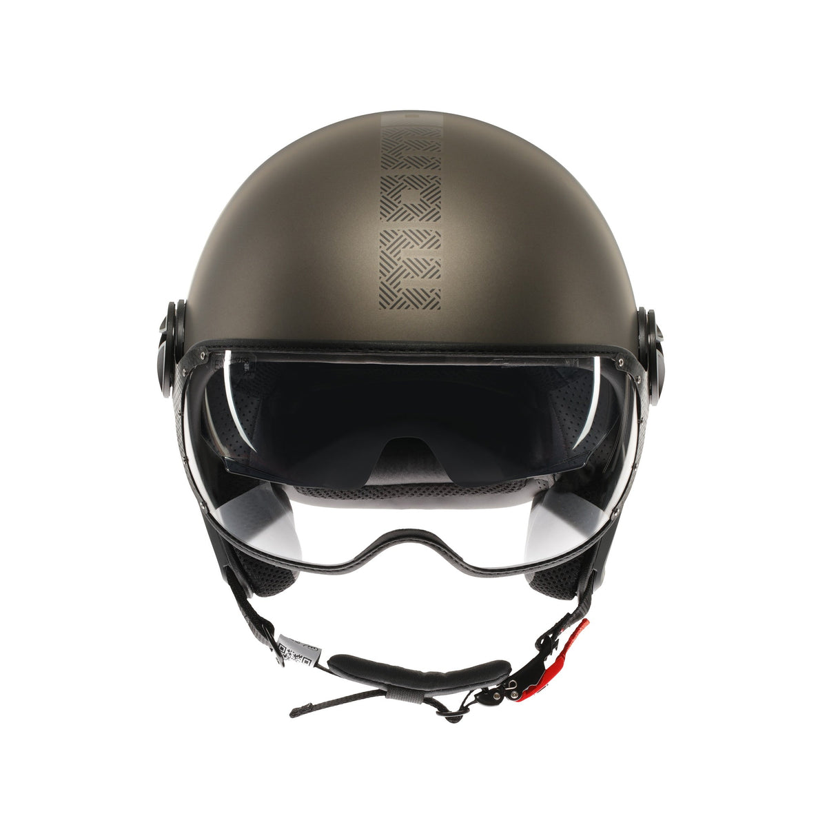 Casco jet Momo Design FGTR EVO HIP bronzo opaco, vista frontale con visierino solare abbassato