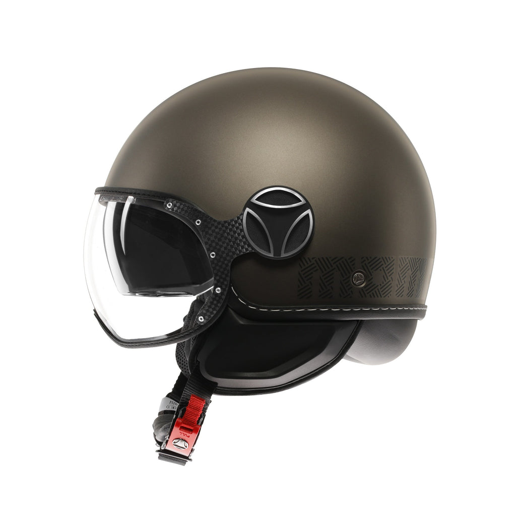 Casco jet Momo Design FGTR EVO HIP bronzo, profilo con visiera aperta e forcella in fibra di carbonio
