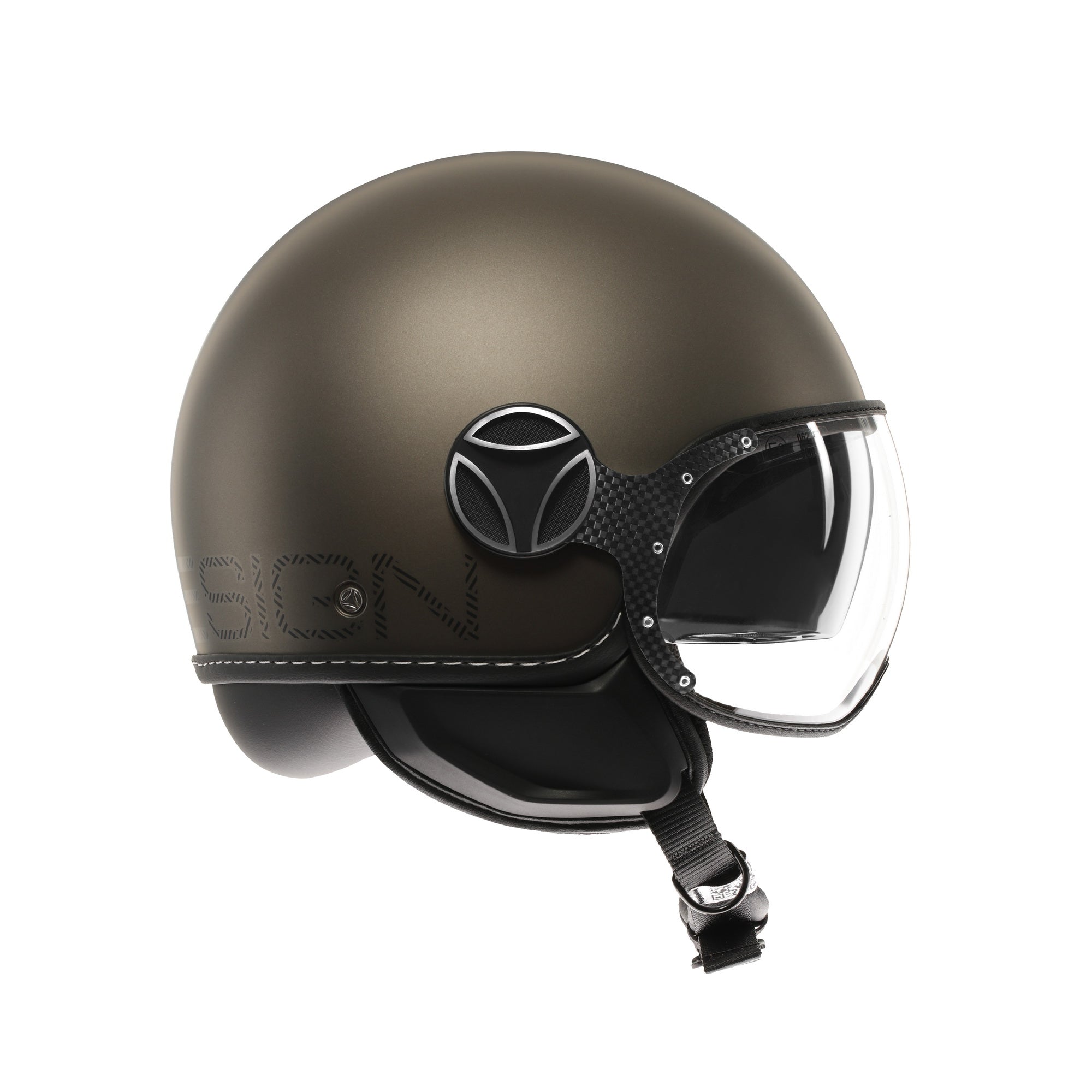 Casco jet Momo Design FGTR EVO HIP bronzo opaco, profilo laterale con visiera trasparente chiusa