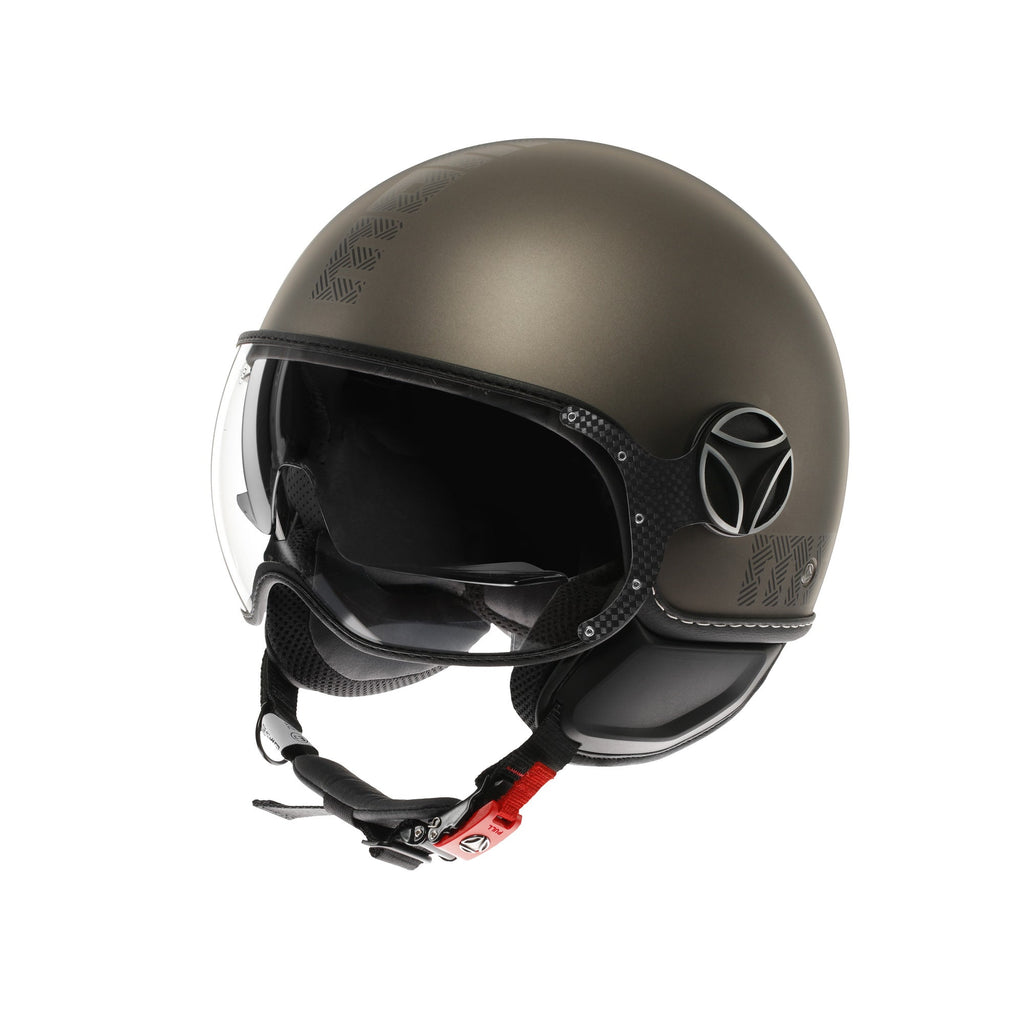 Casco jet Momo Design FGTR EVO HIP bronzo opaco, tre quarti anteriore con visiera sollevata