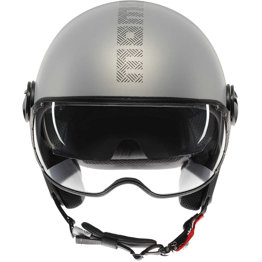 Casco jet Momo Design FGTR EVO HIP grigio opaco, vista frontale con visierino solare abbassato