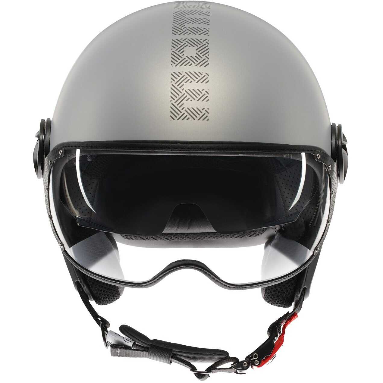 Casco jet Momo Design FGTR EVO HIP grigio opaco, vista frontale con visierino solare abbassato