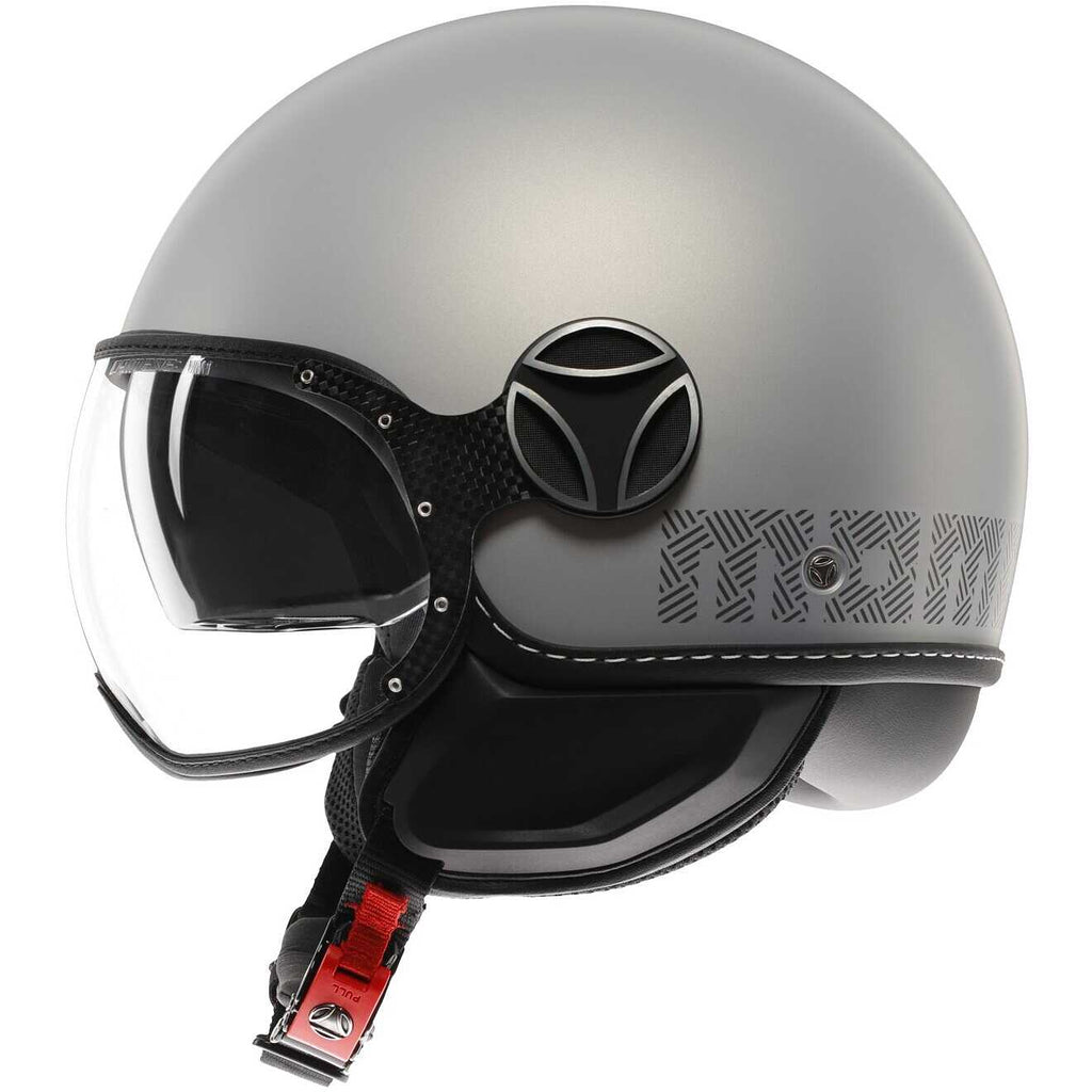 Casco jet Momo Design FGTR EVO HIP grigio, profilo con visiera sollevata e logo MOMO