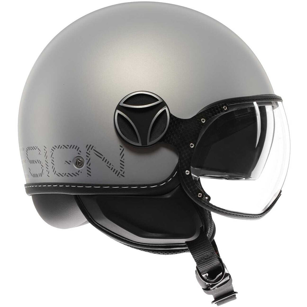 Casco jet Momo Design FGTR EVO HIP grigio opaco, profilo laterale con visiera trasparente chiusa