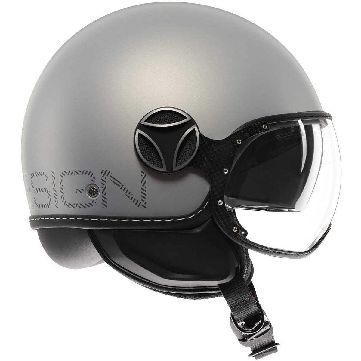 Casco jet Momo Design FGTR EVO HIP grigio opaco, profilo laterale con visiera trasparente chiusa
