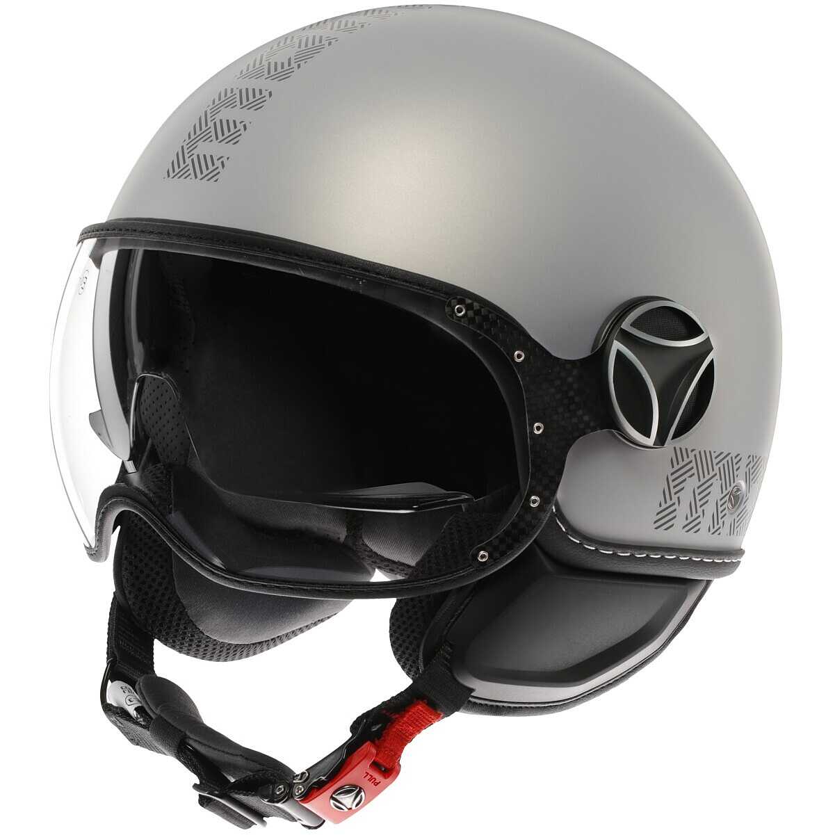 Casco jet Momo Design FGTR EVO HIP grigio opaco, tre quarti anteriore con visiera aperta