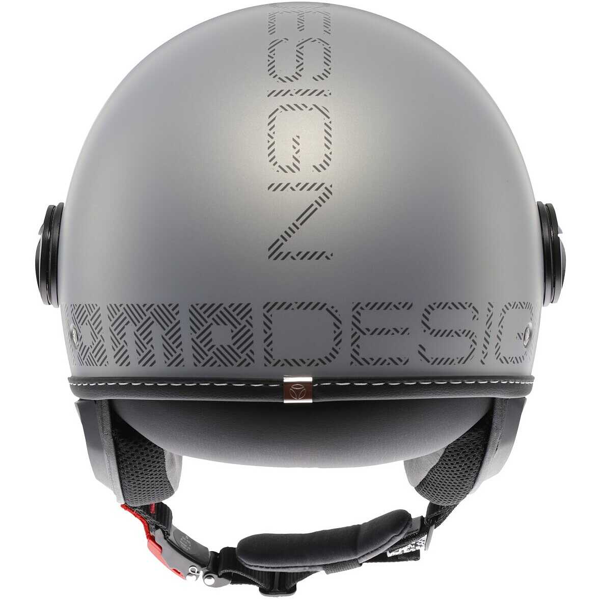 Casco jet Momo Design FGTR EVO HIP grigio, tre quarti posteriore con lettering momodesign ceruleo
