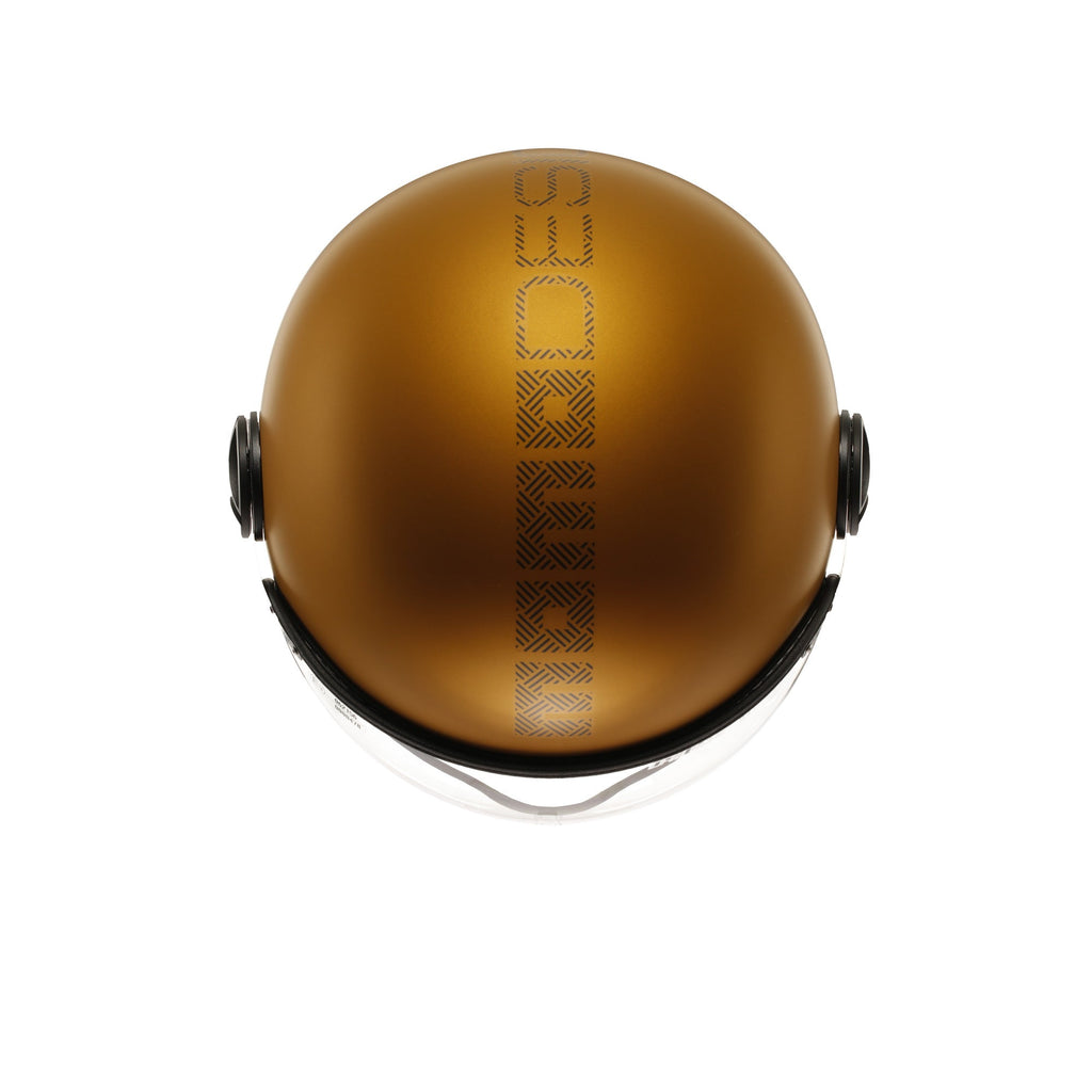Casco jet Momo Design FGTR EVO HIP ocra opaco, vista dall'alto con la texture grigia sulla calotta