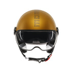 Casco jet Momo Design FGTR EVO HIP ocra opaco, vista frontale con visierino solare abbassato