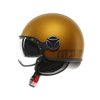 Casco jet Momo Design FGTR EVO HIP ocra, profilo con visiera aperta e forcella in fibra di carbonio