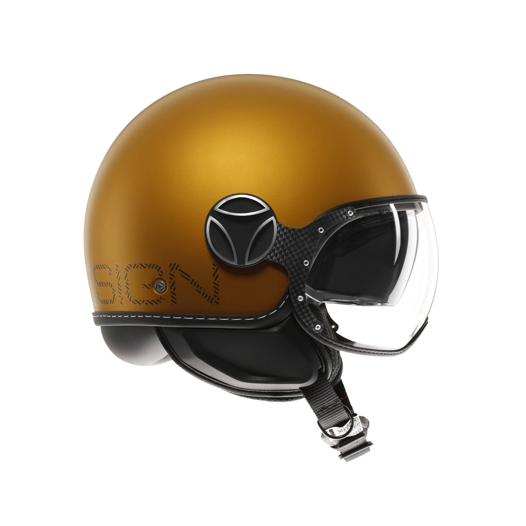 Casco jet Momo Design FGTR EVO HIP ocra opaco, profilo laterale con visiera trasparente chiusa
