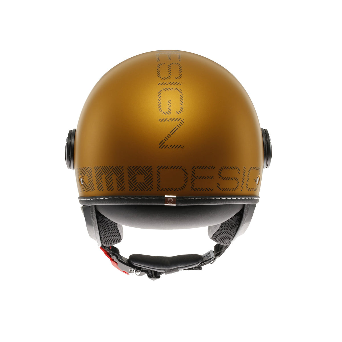 Casco jet Momo Design FGTR EVO HIP ocra, tre quarti posteriore con lettering momodesign grigio