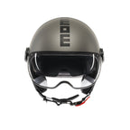 Casco jet Momo Design FGTR EVO Mono titanio opaco, vista frontale con visierino solare interno abbassato