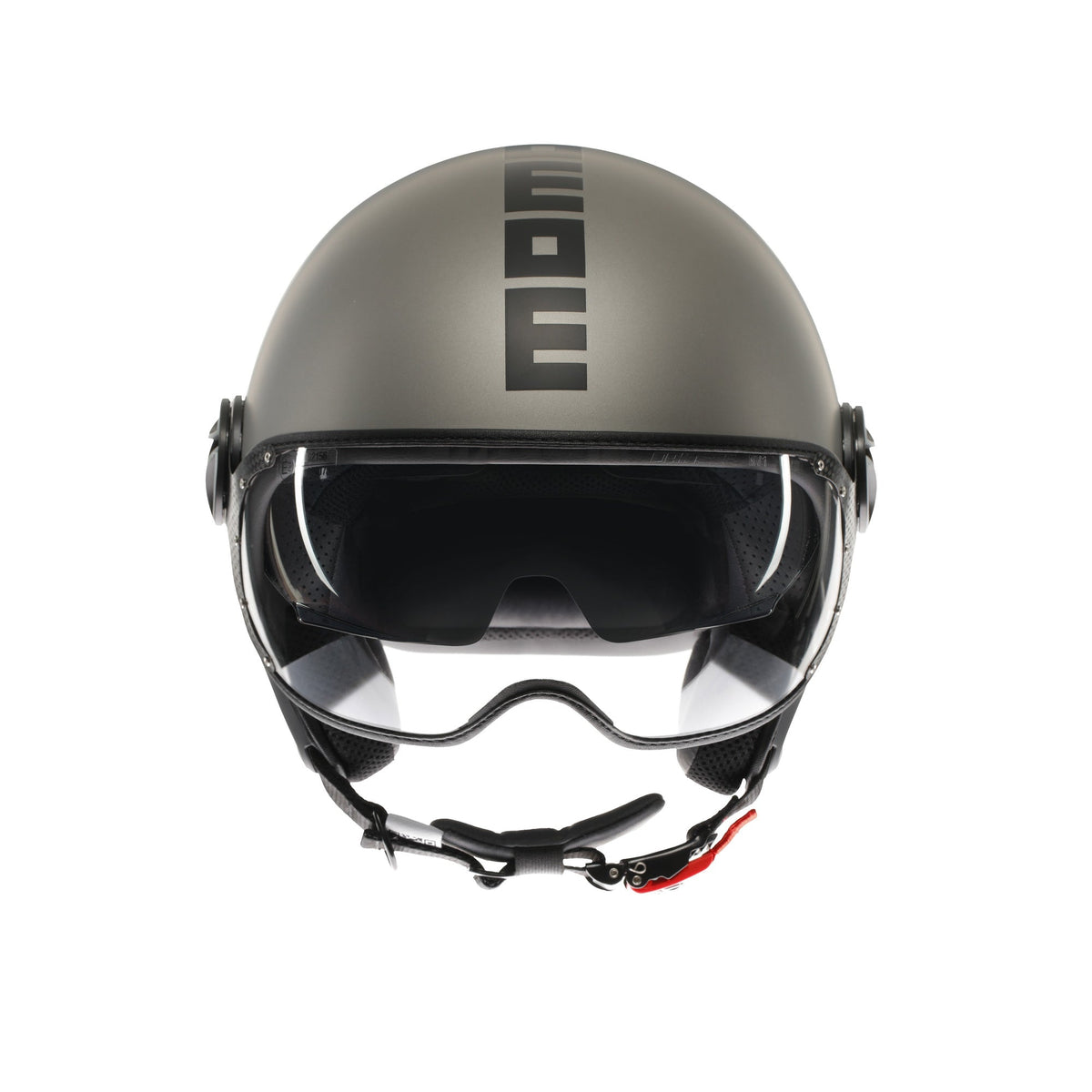 Casco jet Momo Design FGTR EVO Mono titanio opaco, vista frontale con visierino solare interno abbassato