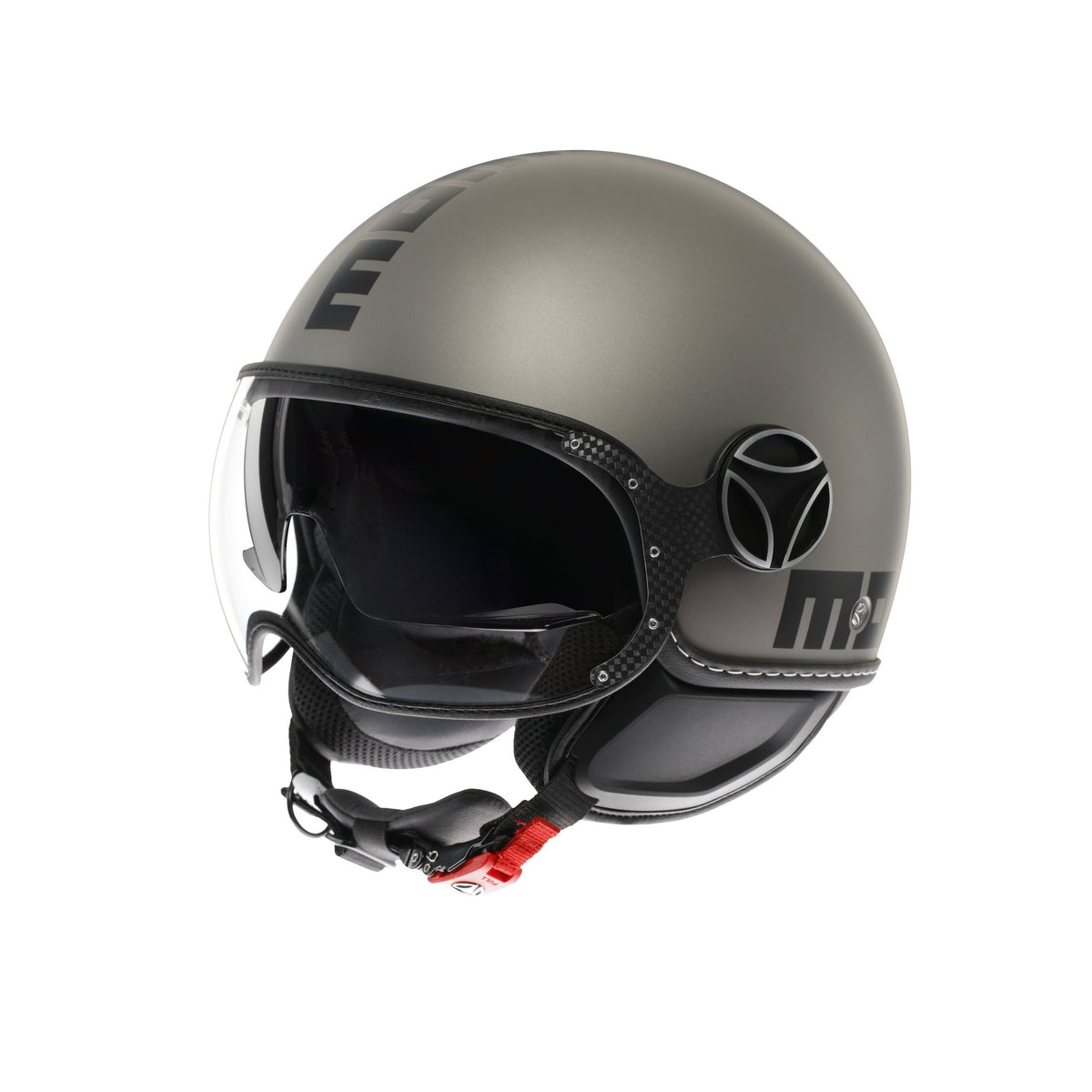 Casco jet Momo Design FGTR EVO Mono titanio opaco con logo nero, vista tre quarti anteriore