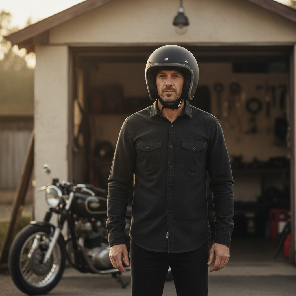 Uomo col casco jet Vespa Colors nero opaco davanti a un garage con una moto classica