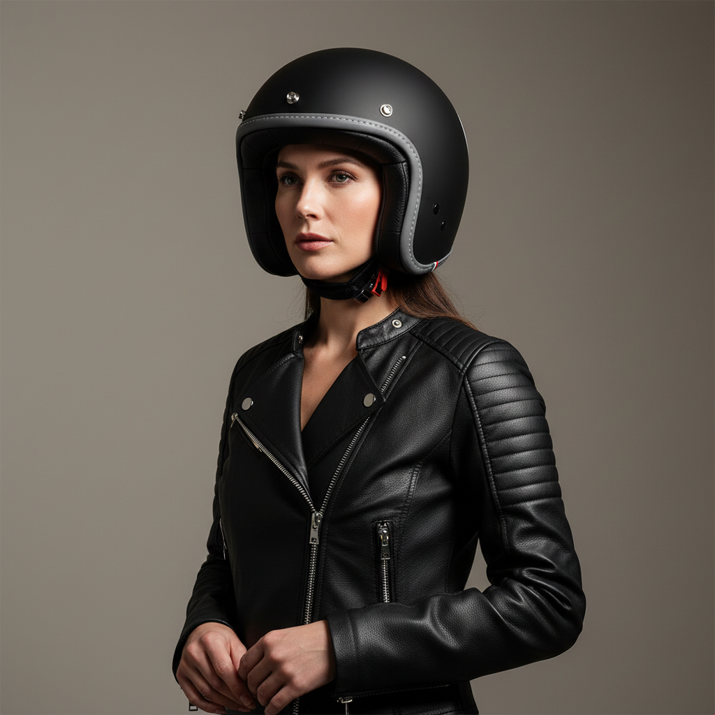 Donna con giacca in pelle nera indossa il casco jet Vespa Colors nero opaco, vista di tre quarti