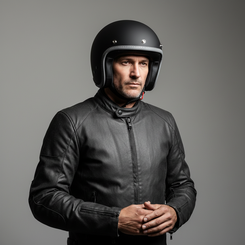 Uomo con giacca in pelle nera indossa il casco jet Vespa Colors nero opaco, ritratto in studio