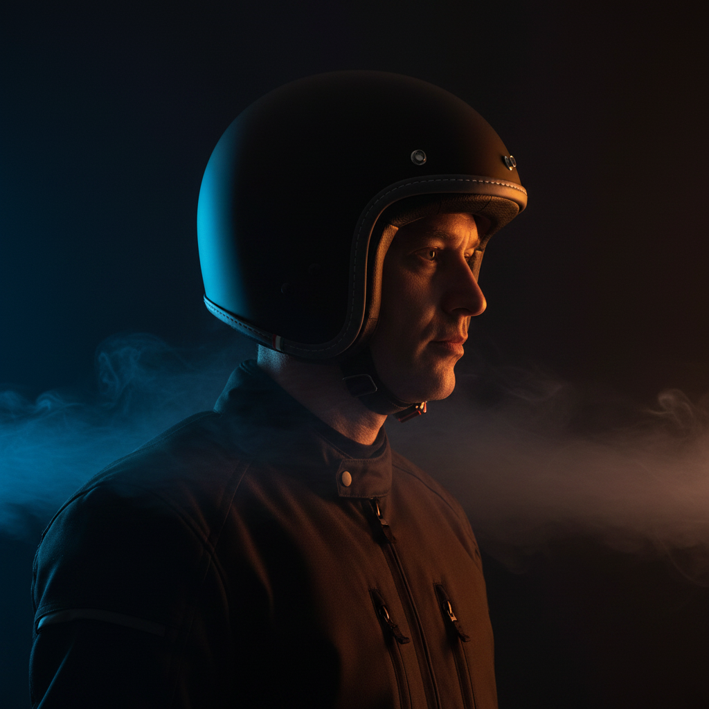 Casco jet Vespa Colors nero opaco indossato di profilo, sfondo scuro con luce calda e foschia