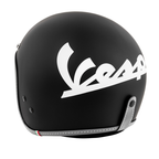 Retro del casco jet Vespa Colors nero opaco con il grande logo Vespa bianco in corsivo