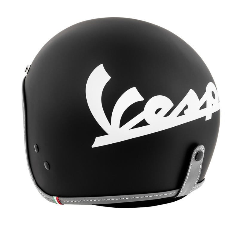Retro del casco jet Vespa Colors nero opaco con il grande logo Vespa bianco in corsivo