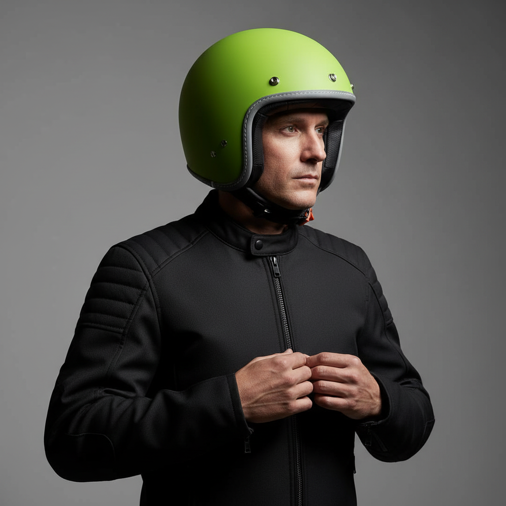 Uomo con giacca nera indossa il casco jet Vespa Colors verde opaco, ritratto su fondo grigio