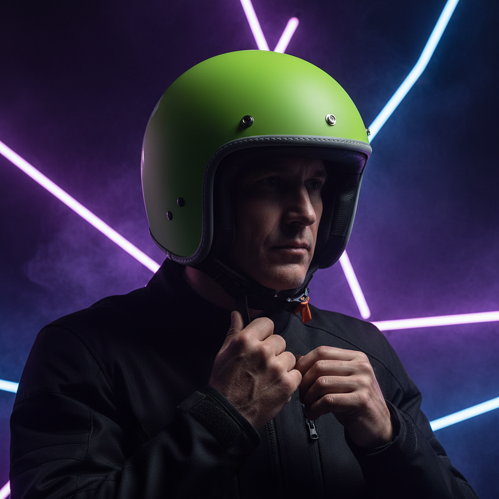 Casco jet Vespa Colors verde opaco indossato, sfondo scuro con luci al neon viola e azzurre