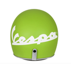 Retro del casco jet Vespa Colors verde opaco con il grande logo Vespa bianco in corsivo