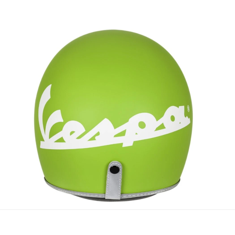 Retro del casco jet Vespa Colors verde opaco con il grande logo Vespa bianco in corsivo