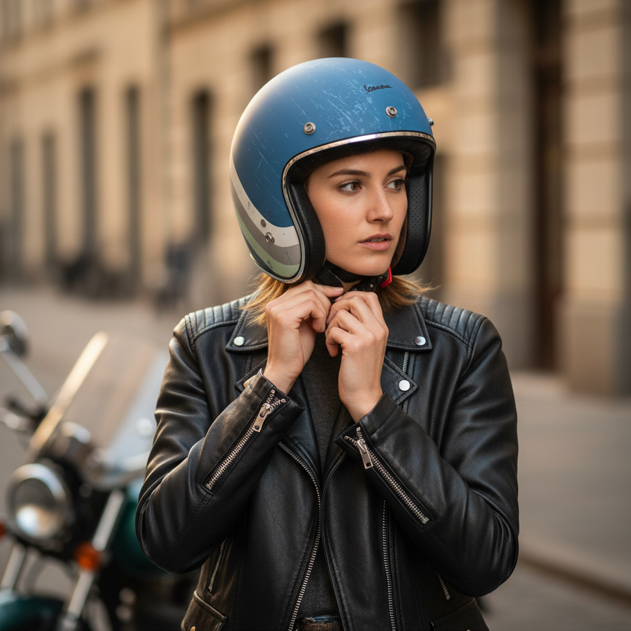 Ragazza in strada allaccia il casco jet Vespa Heritage azzurro accanto a uno scooter parcheggiato