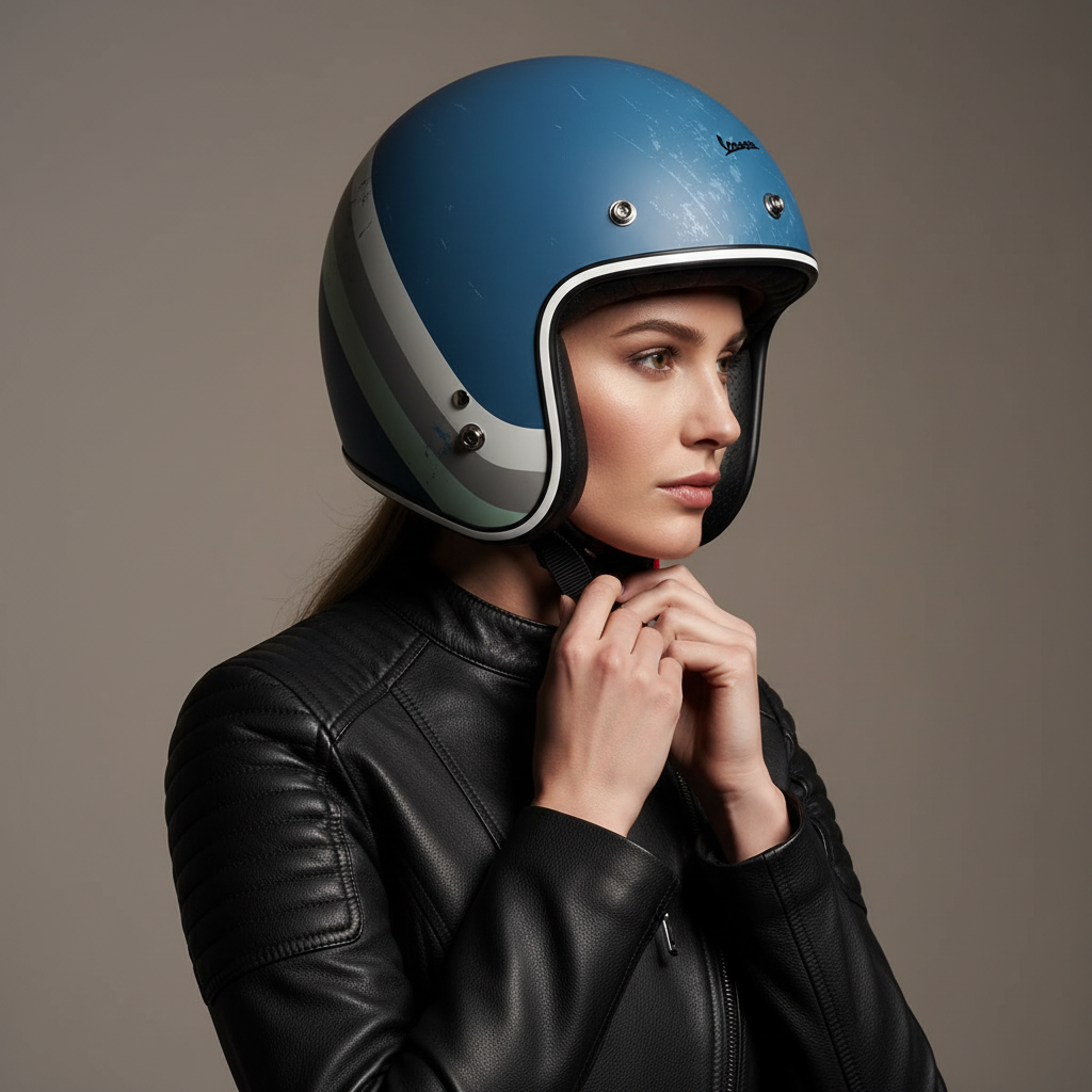 Donna di profilo con giacca in pelle indossa il casco jet Vespa Heritage azzurro PIA402
