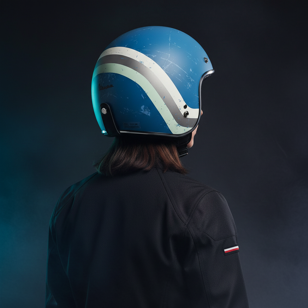 Vista posteriore del casco jet Vespa Heritage azzurro indossato, con la fascia chiara sulla nuca