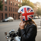 Donna allaccia il cinturino del casco jet Vespa Nazioni 2.0 UK accanto a una moto in citta