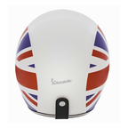 Retro del casco jet Vespa Nazioni 2.0 UK bianco con Union Jack sui fianchi e logo Vespa al centro