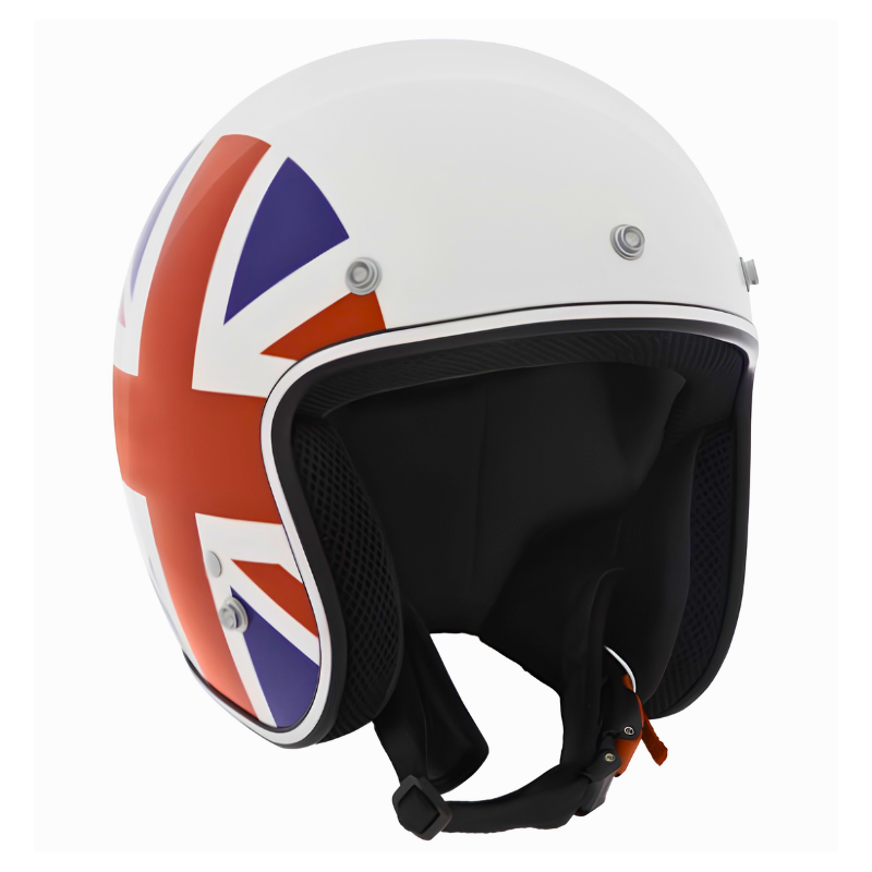 Casco jet Vespa Nazioni 2.0 Inghilterra bianco con bandiera Union Jack sul lato, vista tre quarti