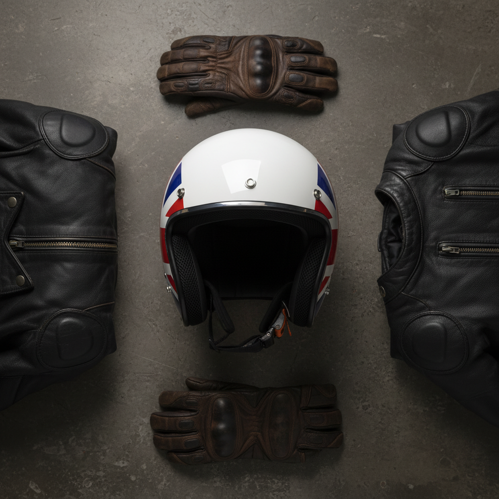 Casco jet Vespa Nazioni 2.0 Inghilterra appoggiato a terra fra una giacca in pelle e guanti da moto
