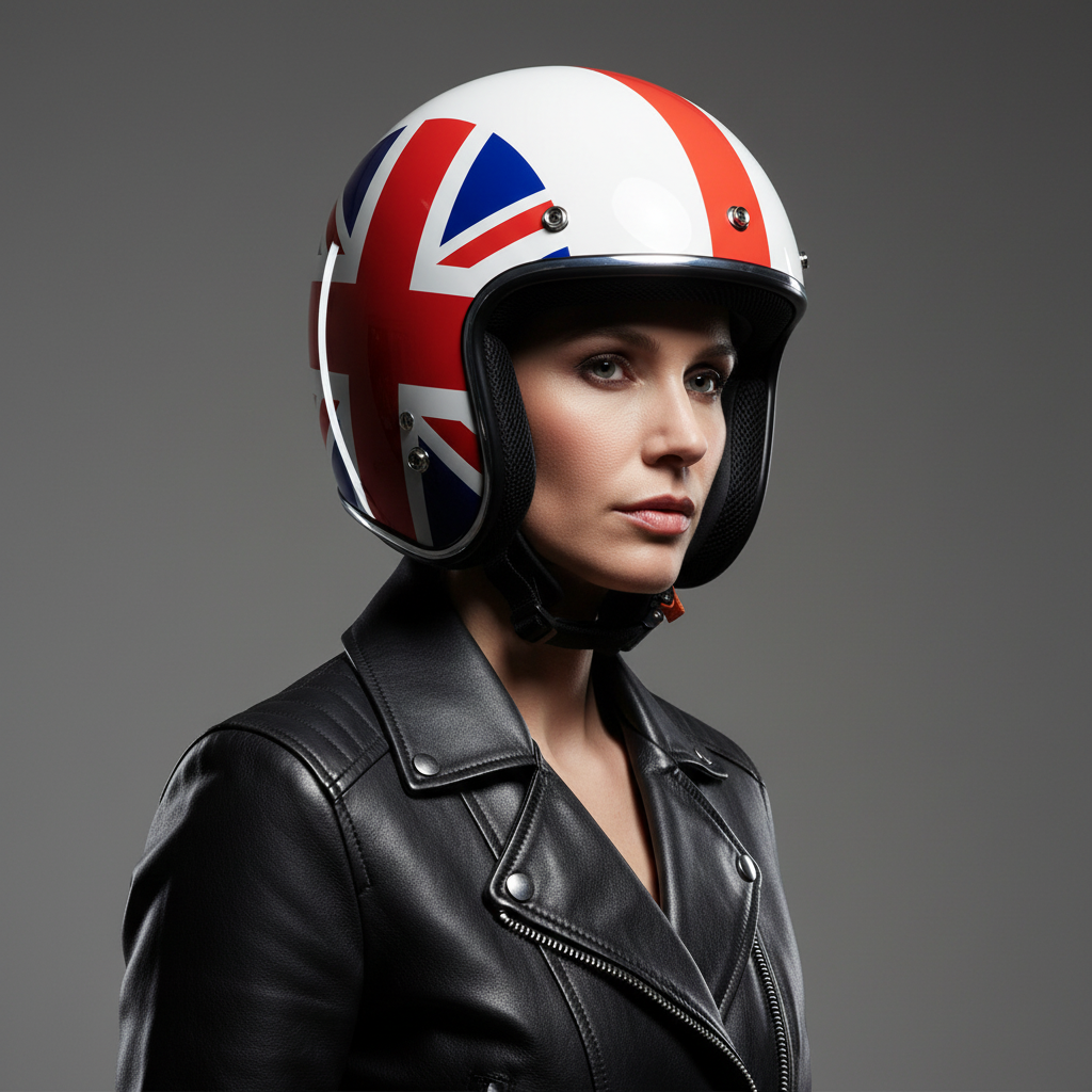 Donna con giacca in pelle indossa il casco jet Vespa Nazioni 2.0 UK bianco Union Jack, vista di profilo