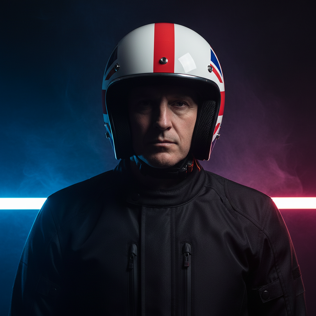 Casco jet Vespa Nazioni 2.0 Inghilterra indossato, vista frontale con luci al neon sullo sfondo