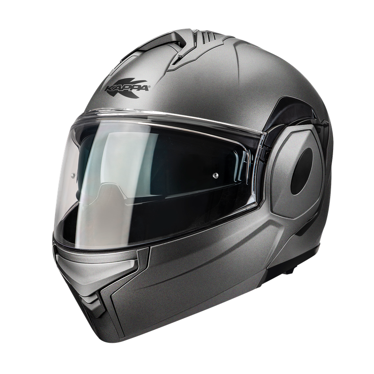 Casco modulare flip-back Kappa KV55 Titanio Opaco, vista tre quarti anteriore sinistra con mentoniera chiusa