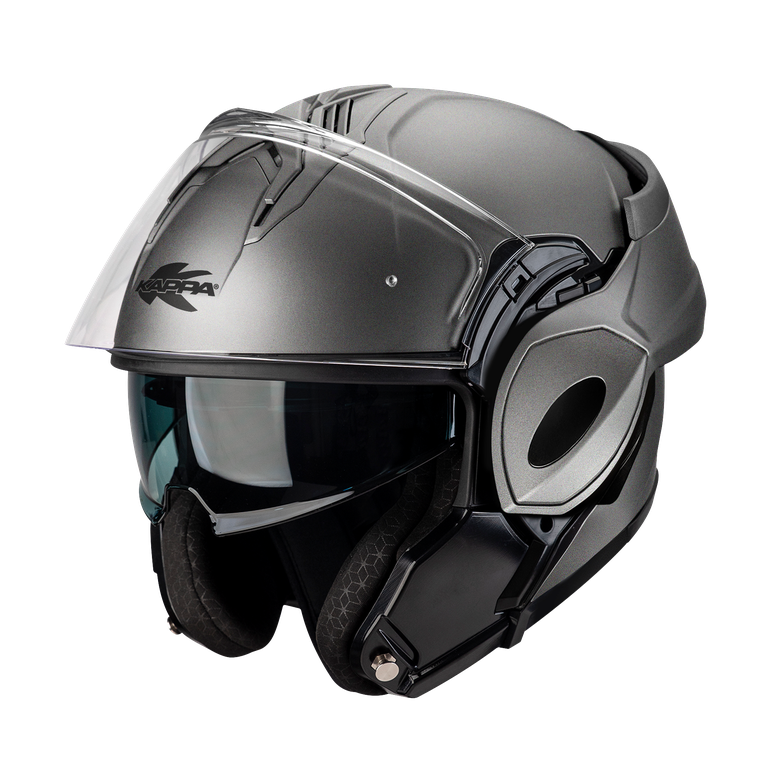 Casco modulare flip-back Kappa KV55 Titanio Opaco, mentoniera flip-back ruotata dietro la calotta, vista tre quarti