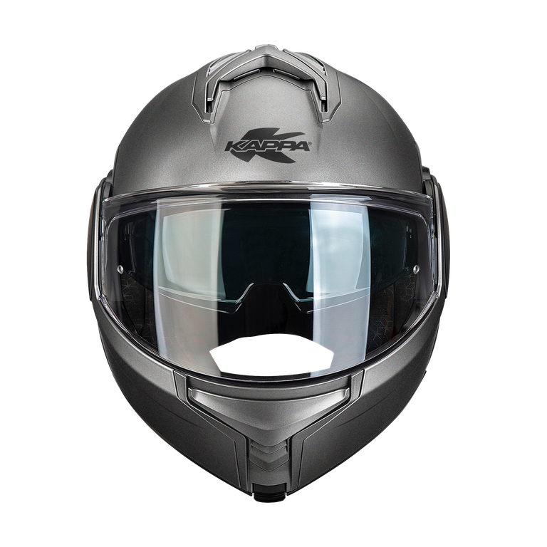Casco modulare flip-back Kappa KV55 Titanio Opaco, vista frontale con visiera abbassata