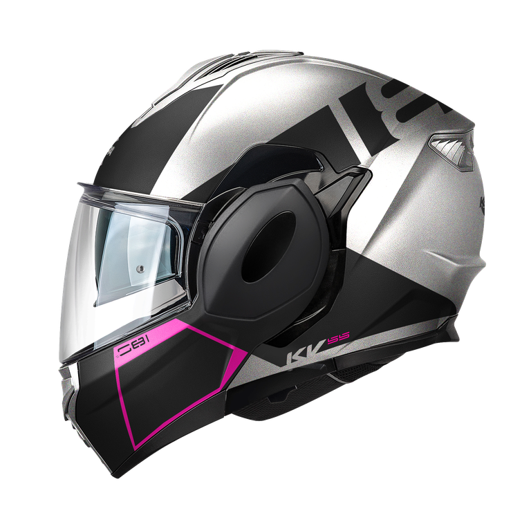 Casco modulare flip-back Kappa KV55 York Argento Opaco / Nero / Fucsia, vista laterale sinistra con la grafica York fucsia