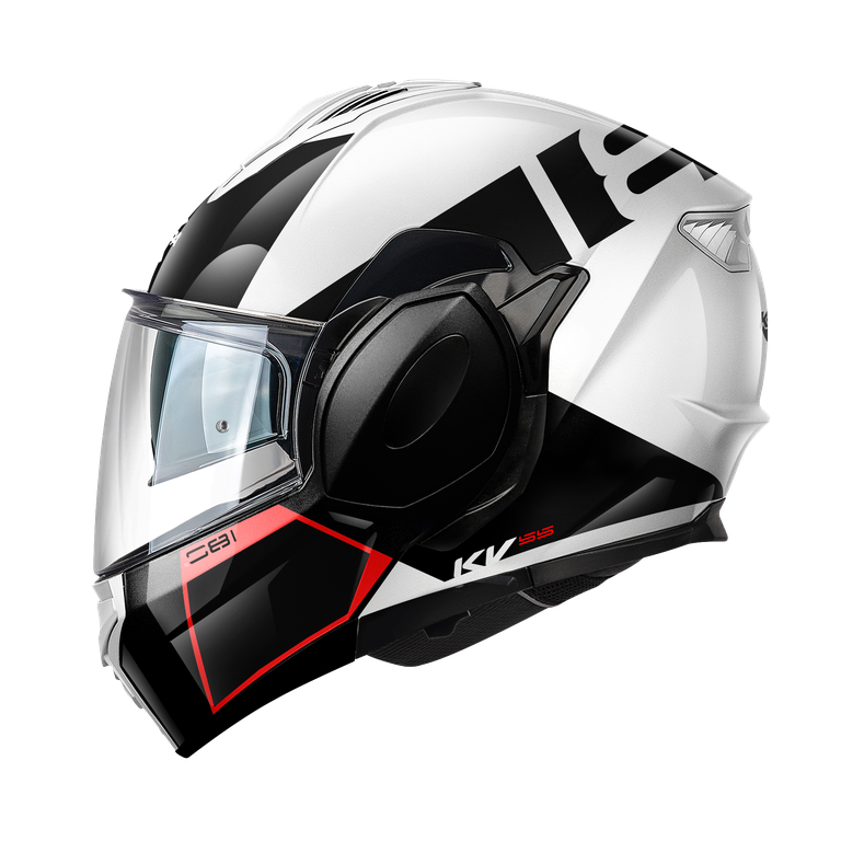 Casco modulare flip-back Kappa KV55 York Bianco Lucido / Nero / Rosso, vista laterale sinistra con la grafica York rossa