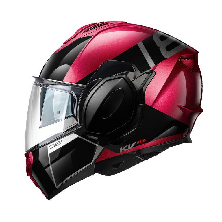 Casco modulare flip-back Kappa KV55 York Bordeaux Metallizzato / Nero / Titanio, vista laterale sinistra con la grafica York metallizzata