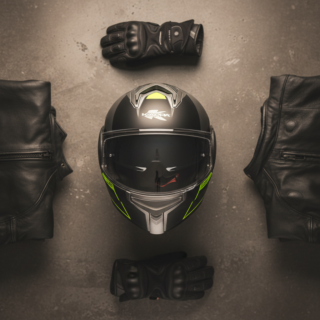 Casco modulare flip-back Kappa KV55 York Titanio Opaco / Nero / Giallo, visto di fronte con giacca, pantaloni e guanti in pelle da moto