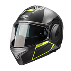 Casco modulare flip-back Kappa KV55 York Titanio Opaco / Nero / Giallo, vista tre quarti anteriore sinistra con mentoniera chiusa